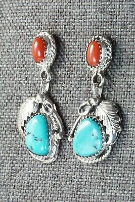 Turquoise, Coral & Sterling Silver Earrings - Roberta Begay
