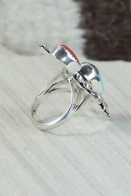 Turquoise, Coral & Sterling Silver Ring - Harry B Yazzie - Size 6.75
