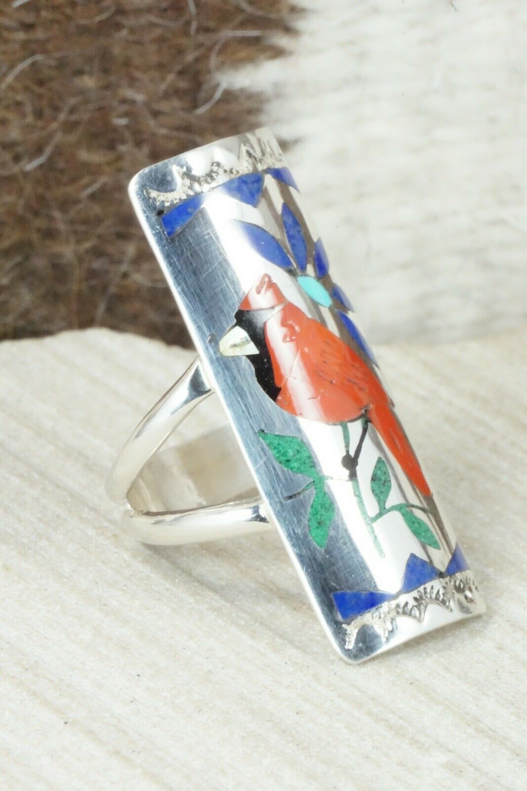 Multi Stone Inlay & Sterling Silver Ring - Quintin Quam Sr - Size 6.75