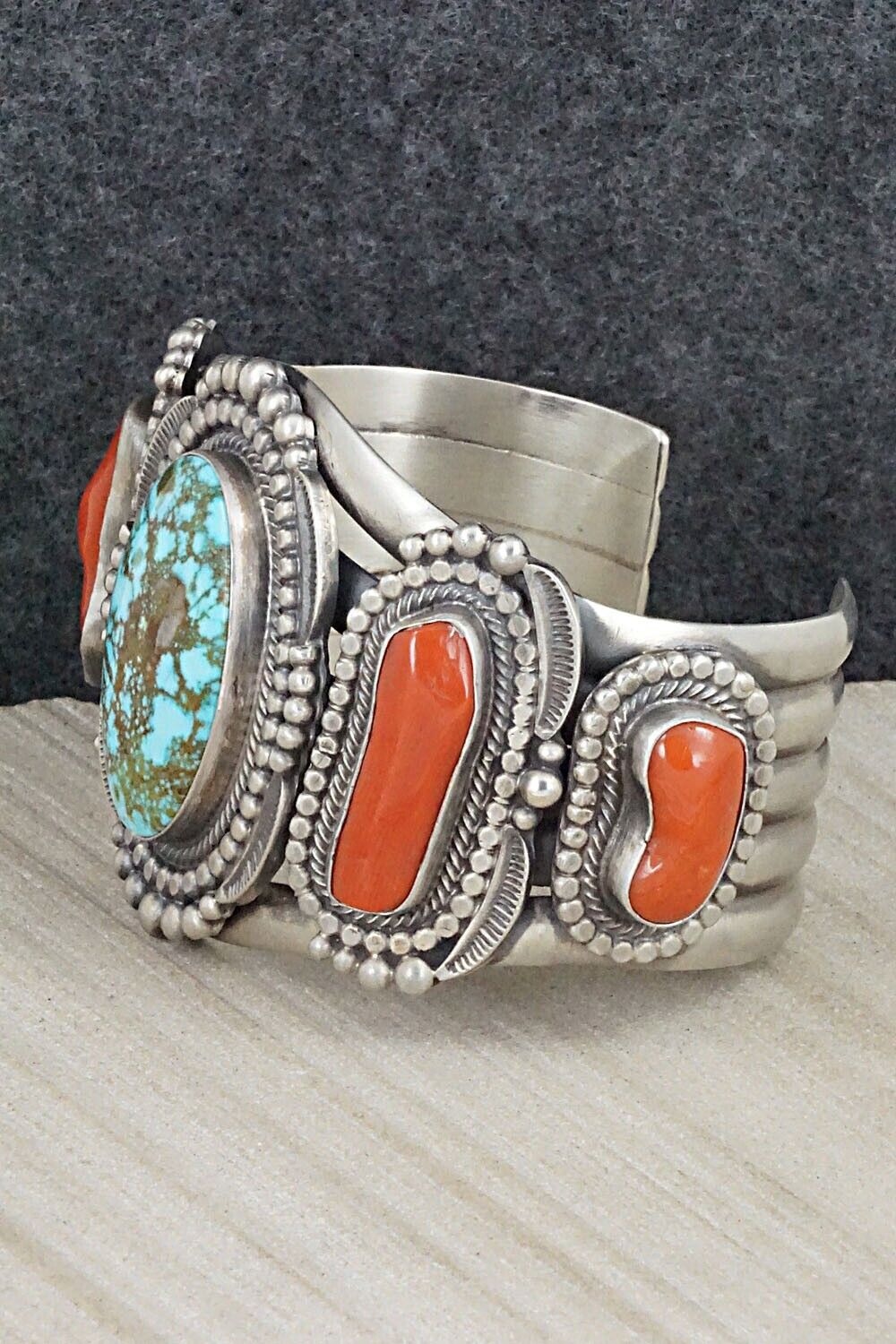 Turquoise, Coral and Sterling Silver Bracelet - Tom Lewis