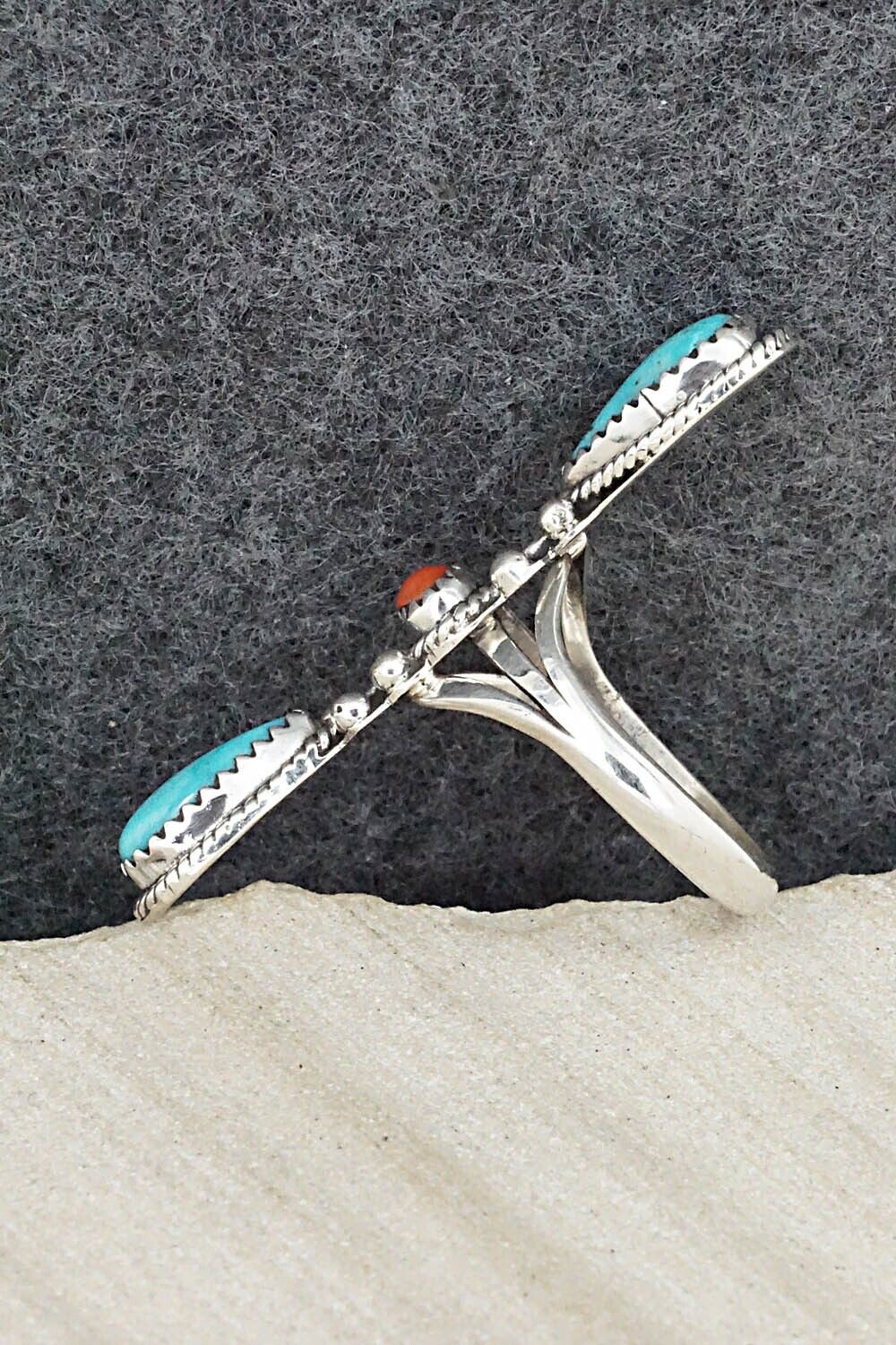 Turquoise, Coral & Sterling Silver Ring - Andrew Vandever - Size 7