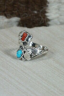 Navajo Turquoise, Coral and Sterling Silver Ring - Etta Belin - Size 5.5