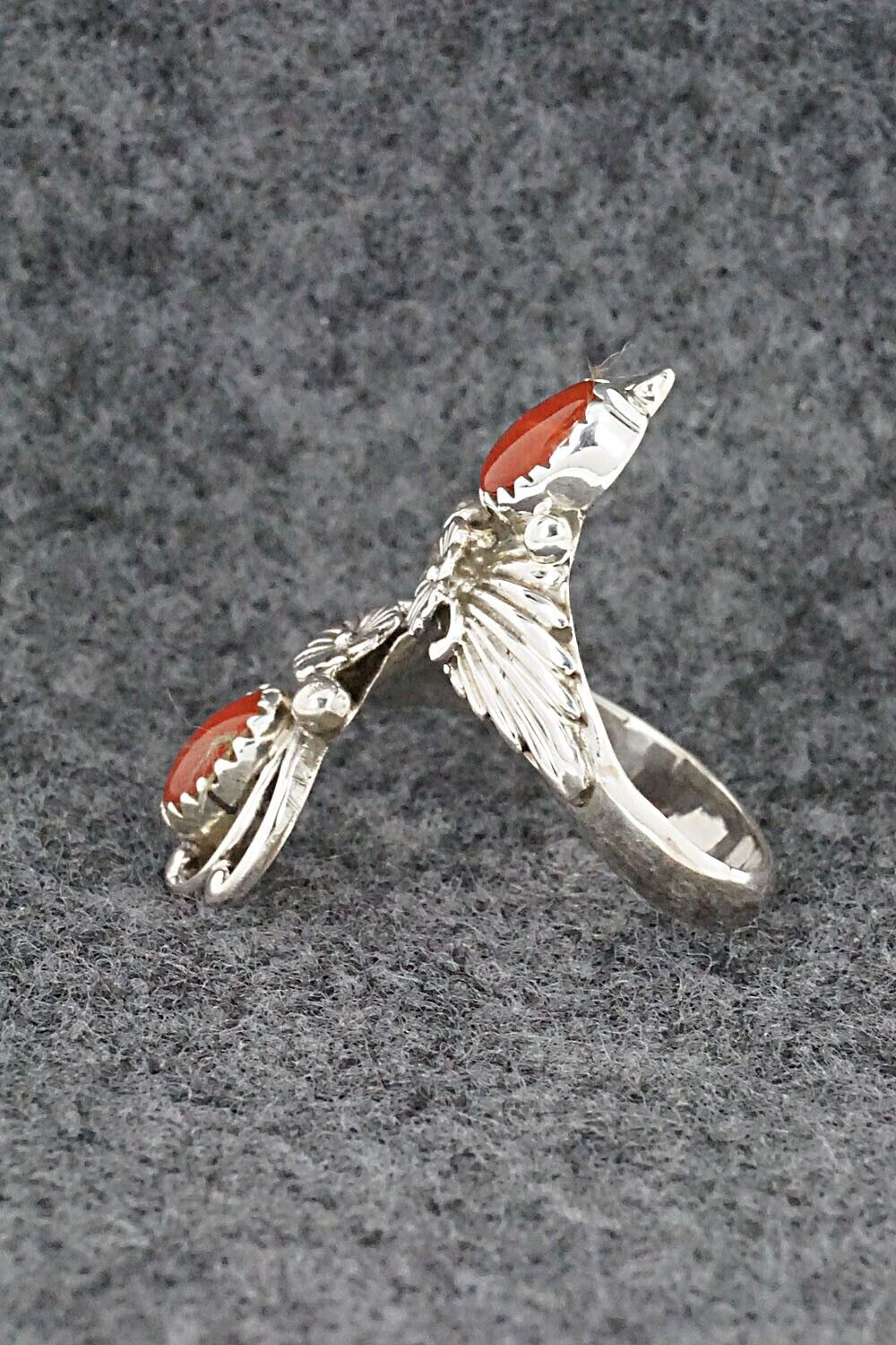 Coral and Sterling Silver Ring - Etta Belin - Size 6.5