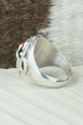 Turquoise, Coral & Sterling Silver Ring - Joy Calabaza - Size 10