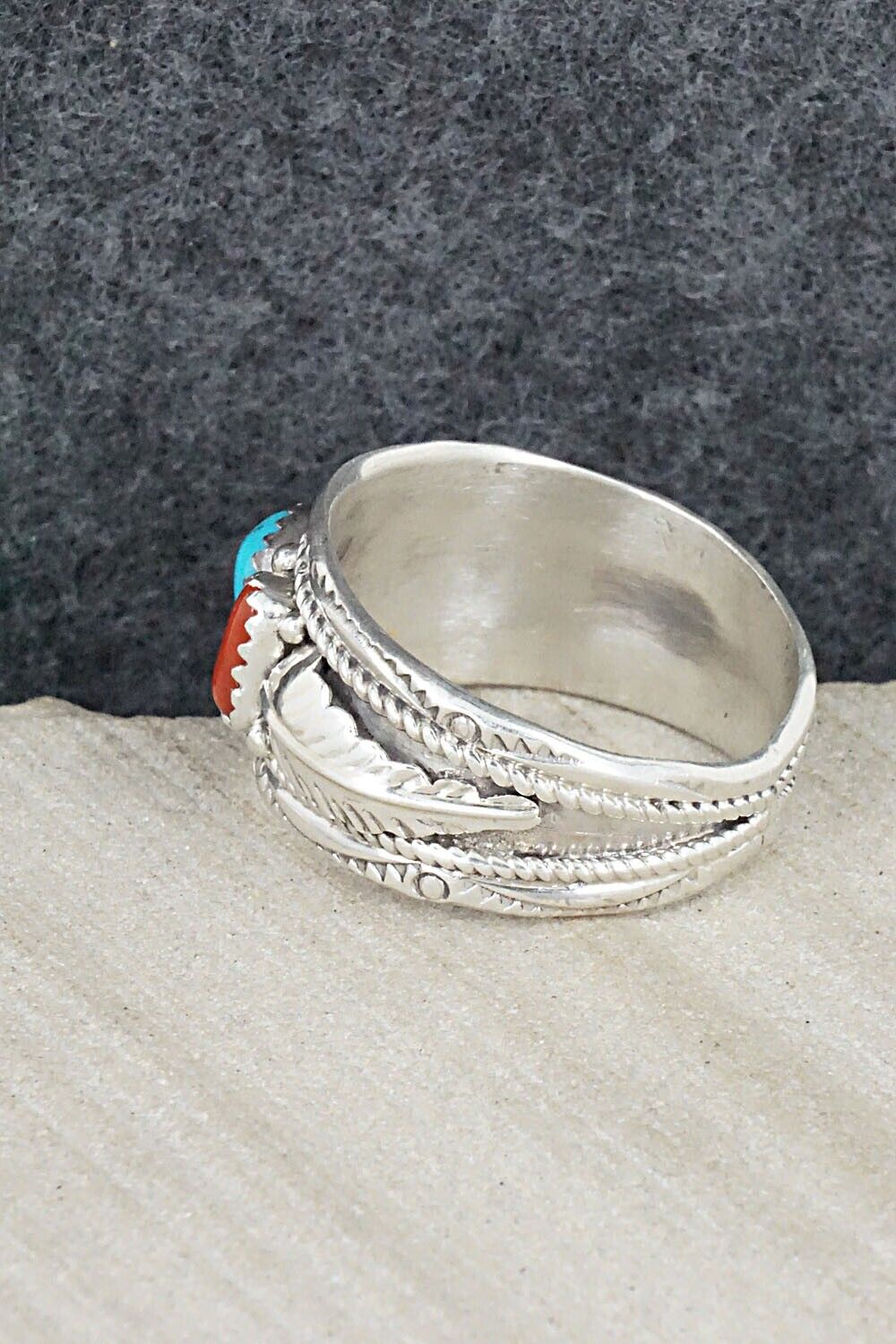 Turquoise, Coral and Sterling Silver Ring - Betty Begay - Size 13.25
