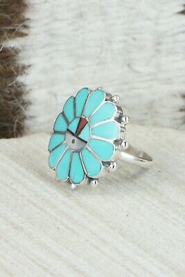 Turquoise & Sterling Silver Inlay Ring - Delbert Soseeah - Size 5.5