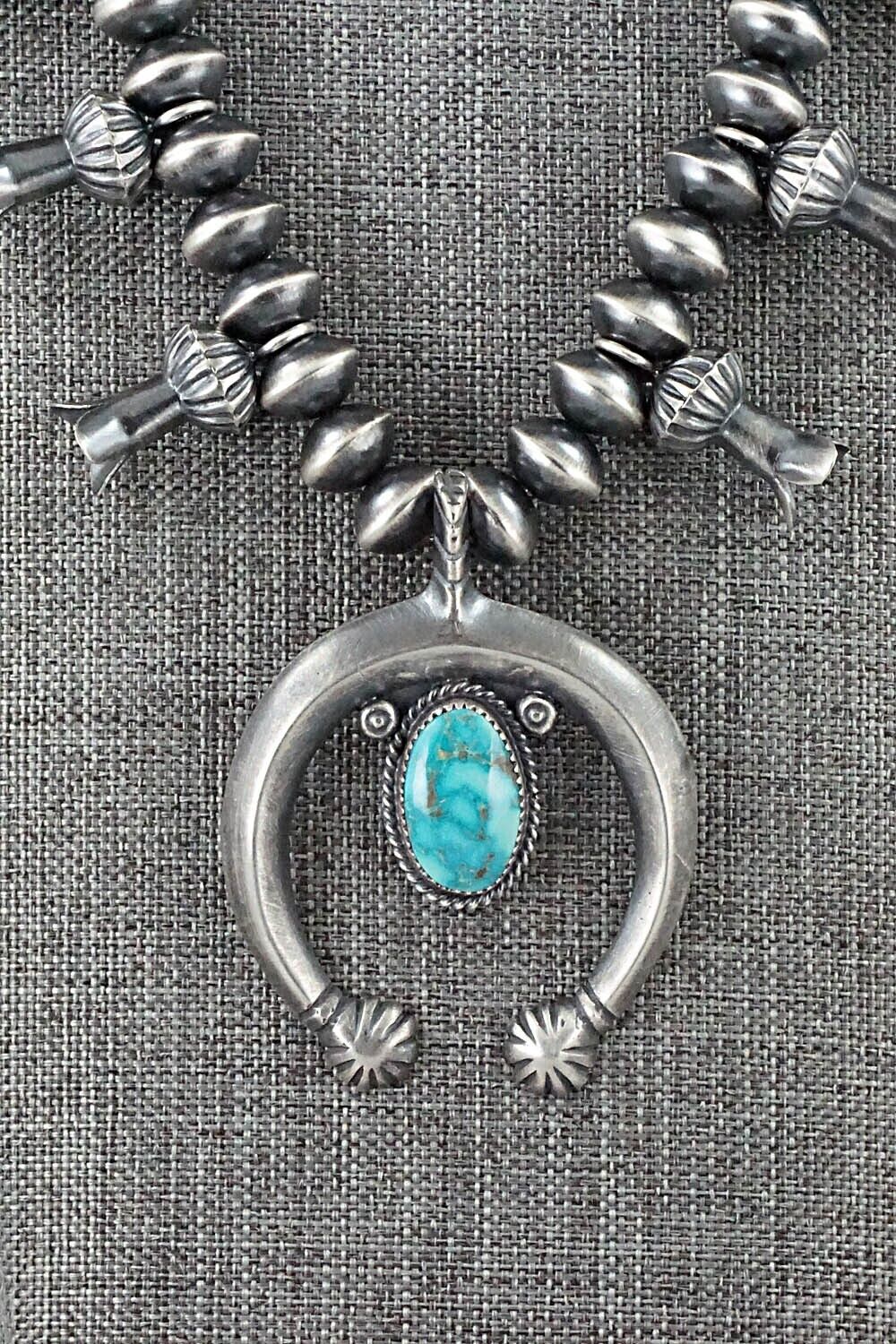 Turquoise & Sterling Silver Navajo Pearl Squash Blossom Necklace - Presley Haley