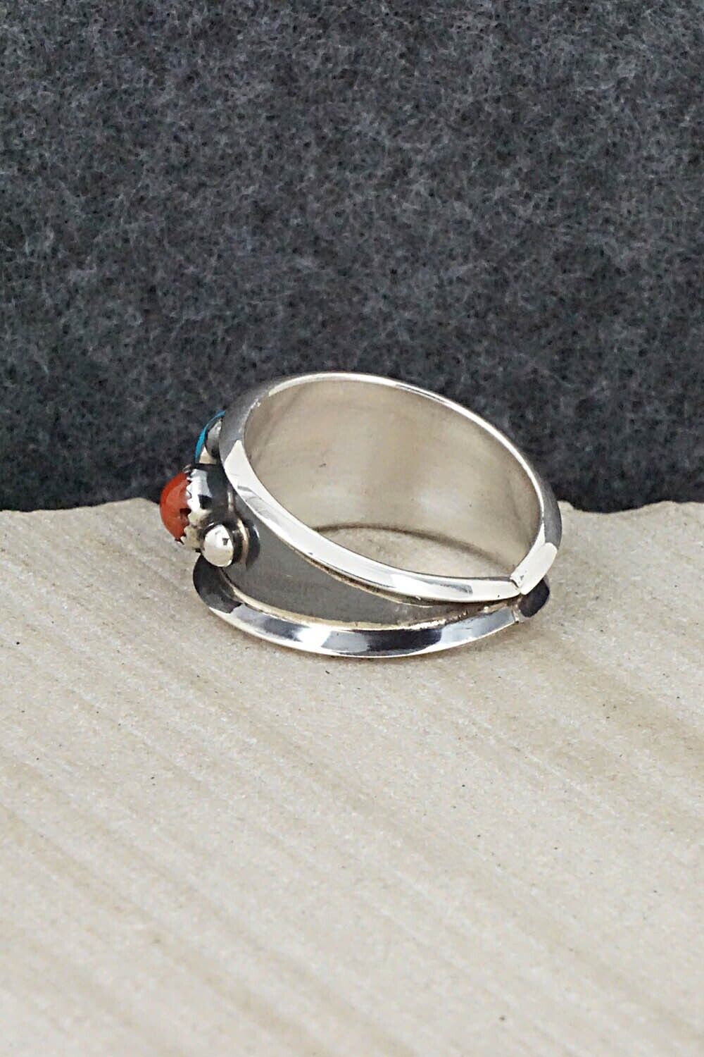 Turquoise, Coral & Sterling Silver Ring - Paul Largo - Size 9.5