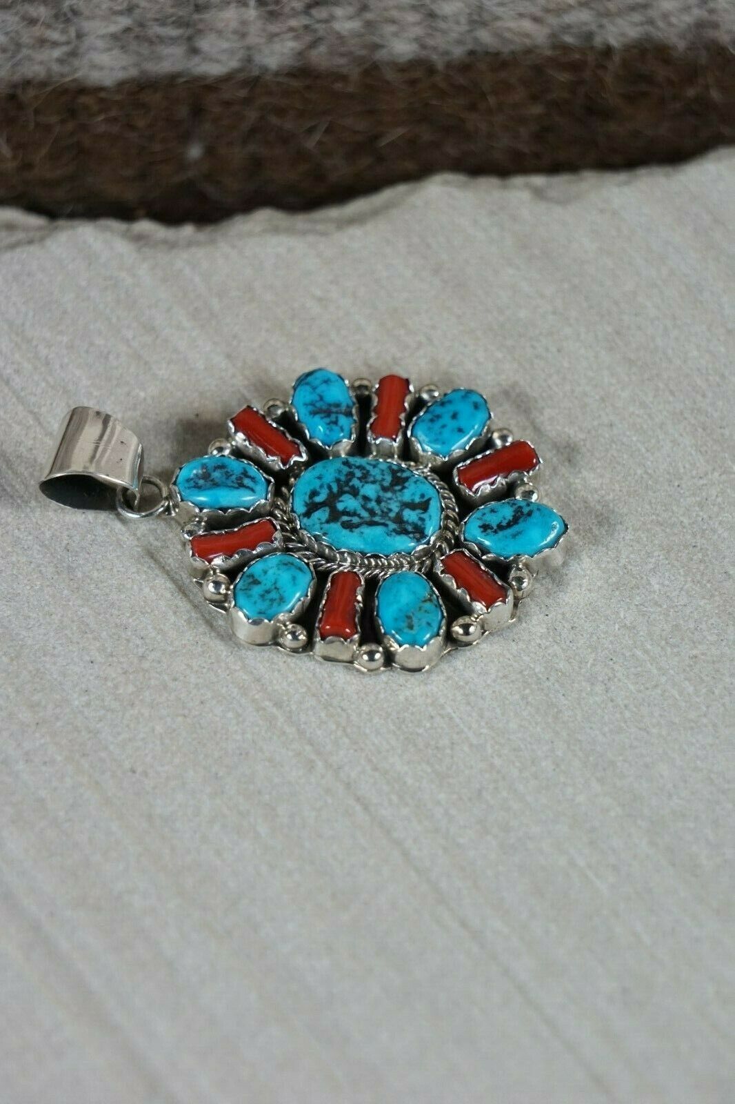 Navajo Turquoise, Coral and Sterling Silver Pendant - Pearlene Spencer - High Lonesome Trading
