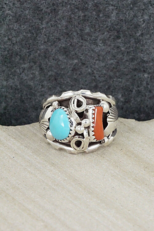 Turquoise, Coral & Sterling Silver Ring - Max Calladitto - Size 9.5