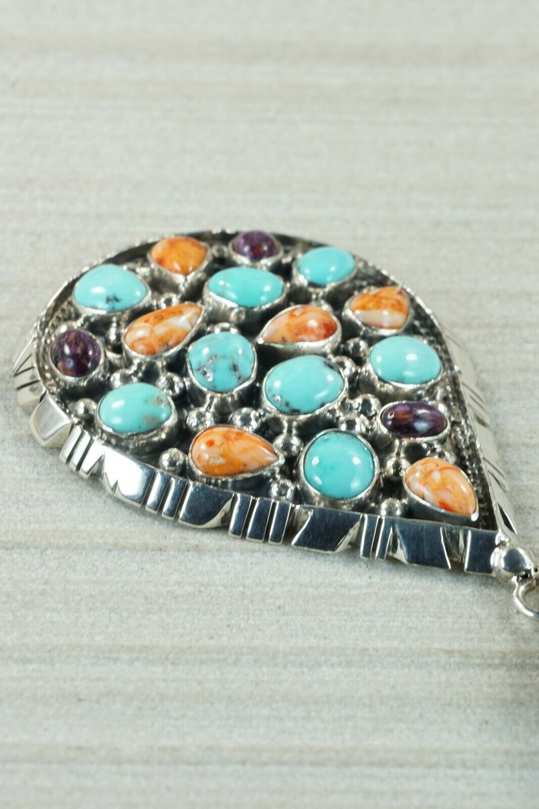 Navajo Turquoise, Spiny Oyster and Sterling Silver Pendant - Raymond Delgarito