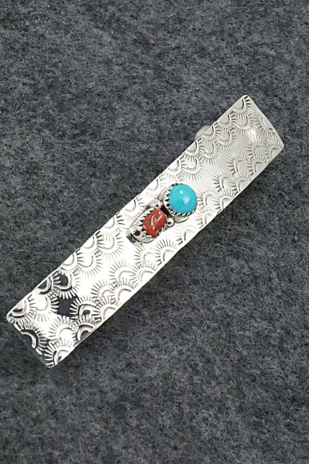 Turquoise, Coral & Sterling Silver Hair Barrette - Sally Arviso