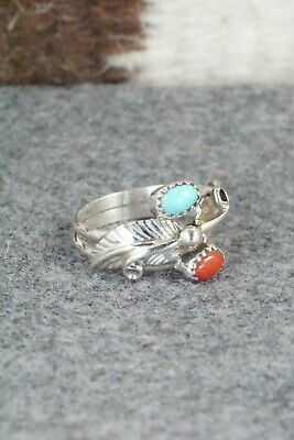 Coral, Turquoise & Sterling Silver Ring - Harry B Yazzie - Size 6.5