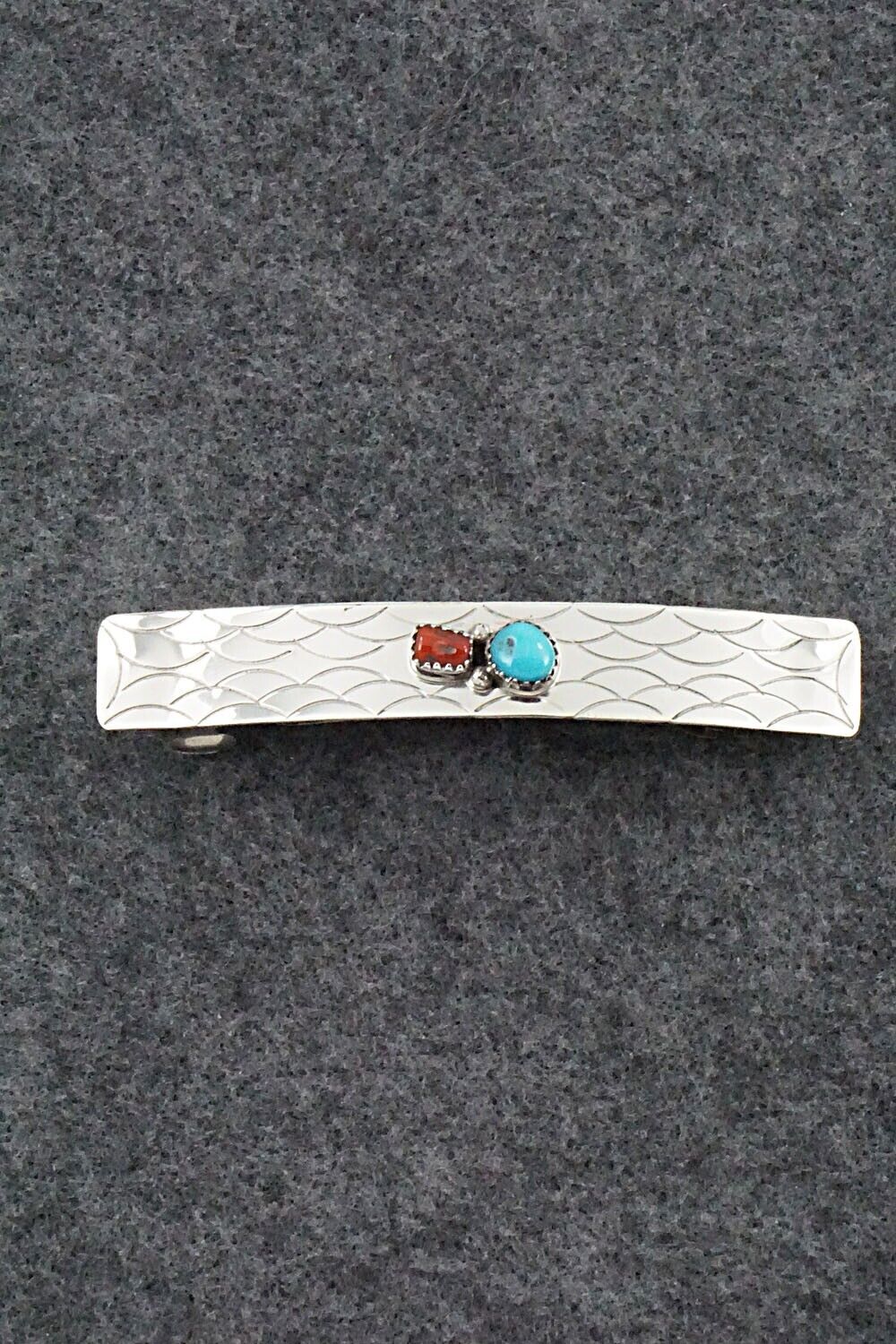 Turquoise, Coral & Sterling Silver Hair Barrette - Sally Arviso