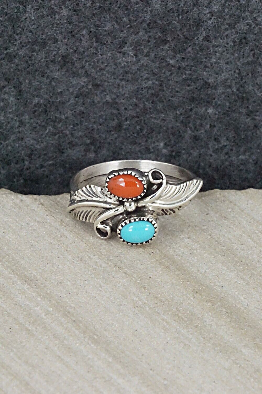 Turquoise, Coral & Sterling Silver Ring - Harry Yazzie - Size 8.25