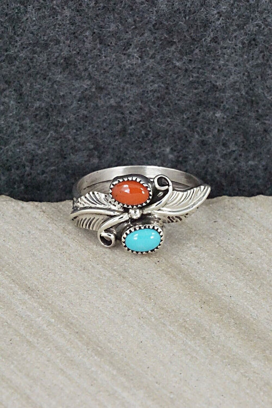 Turquoise, Coral & Sterling Silver Ring - Harry Yazzie - Size 8.25
