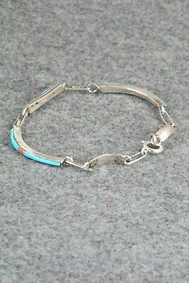 Turquoise & Coral Sterling Silver Bracelet - Roland Natachu