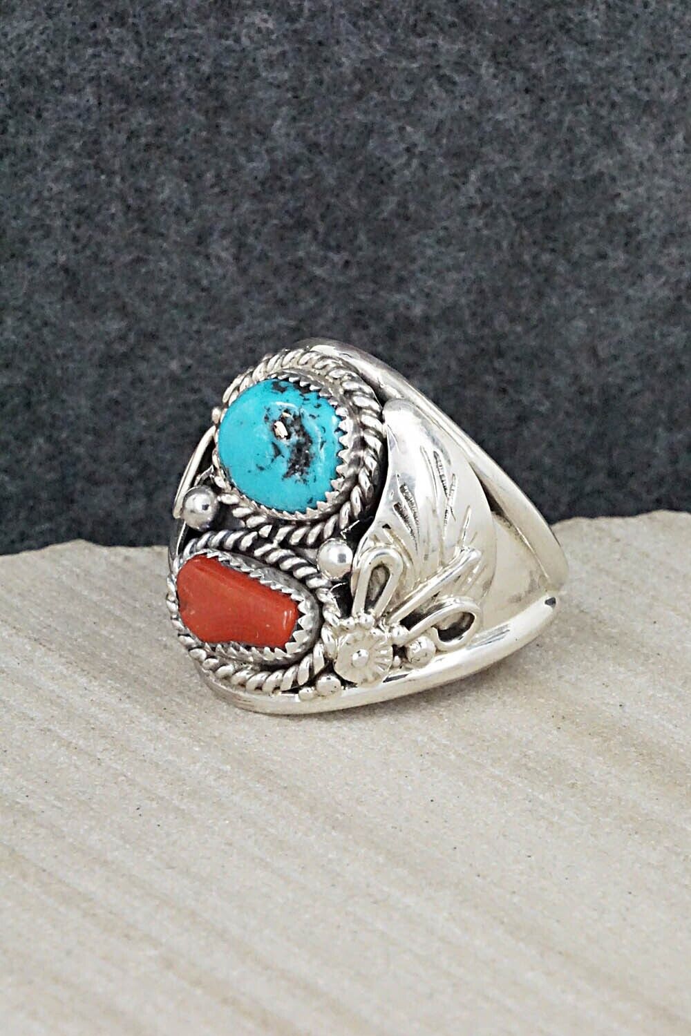 Turquoise, Coral & Sterling Silver Ring - Leonard Spencer - Size 12