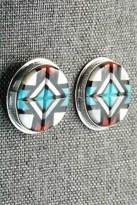 Multi Stone Inlay & Sterling Silver Earrings - Yelmo Natachu - High Lonesome Trading