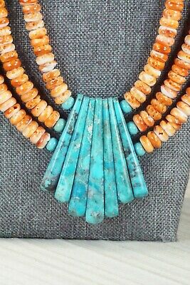 Turquoise, Spiny Oyster & Sterling Silver Necklace - Lupe Lovato