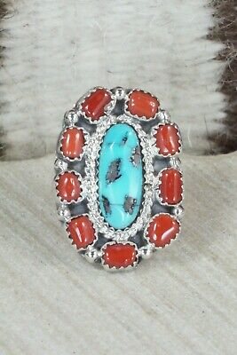 Turquoise & Coral Sterling Silver Ring - Roberta Begay - Size 5.75