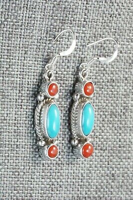 Turquoise, Coral and Sterling Silver Earrings - Navajo