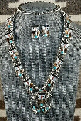Zuni Inlay Owl Necklace and Sterling Silver Earring Set - Pitkin Natewa - High Lonesome Trading