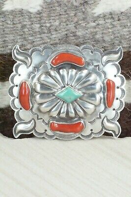 Turquoise, Coral & Sterling Silver Belt Buckle - Wallace Yazzie Jr - High Lonesome Trading