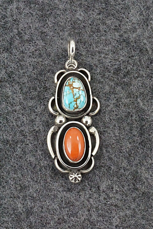 Turquoise, Coral & Sterling Silver Pendant - Roger Lewis