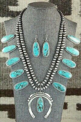 Turquoise & Sterling Silver Squash Blossom and Earrings - Tom Lewis