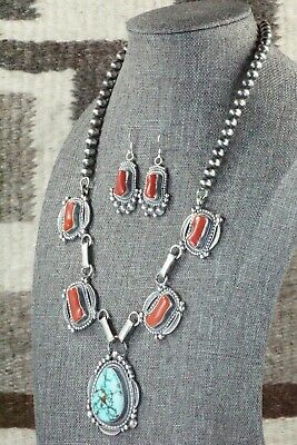 Turquoise, Coral & Sterling Silver Necklace and Earrings - Tom Lewis