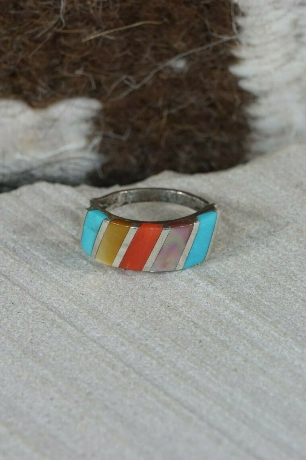 Zuni Multi- Stone and Sterling Silver Ring - Fabian Sheyka - Size 5 - High Lonesome Trading