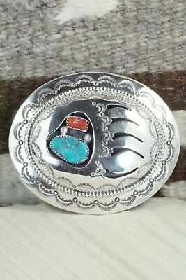 Turquoise, Coral & Sterling Silver Belt Buckle - Wilbert Muskett Sr. - High Lonesome Trading