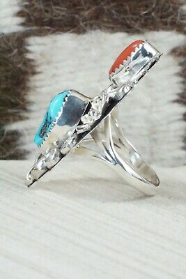 Turquoise, Coral & Sterling Silver Ring - Harry Yazzie - Size 7.5