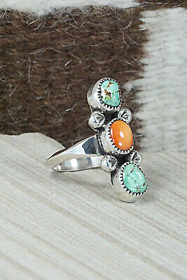 Turquoise, Spiny Oyster & Sterling Silver Ring - Priscilla Reeder - Size 8.75