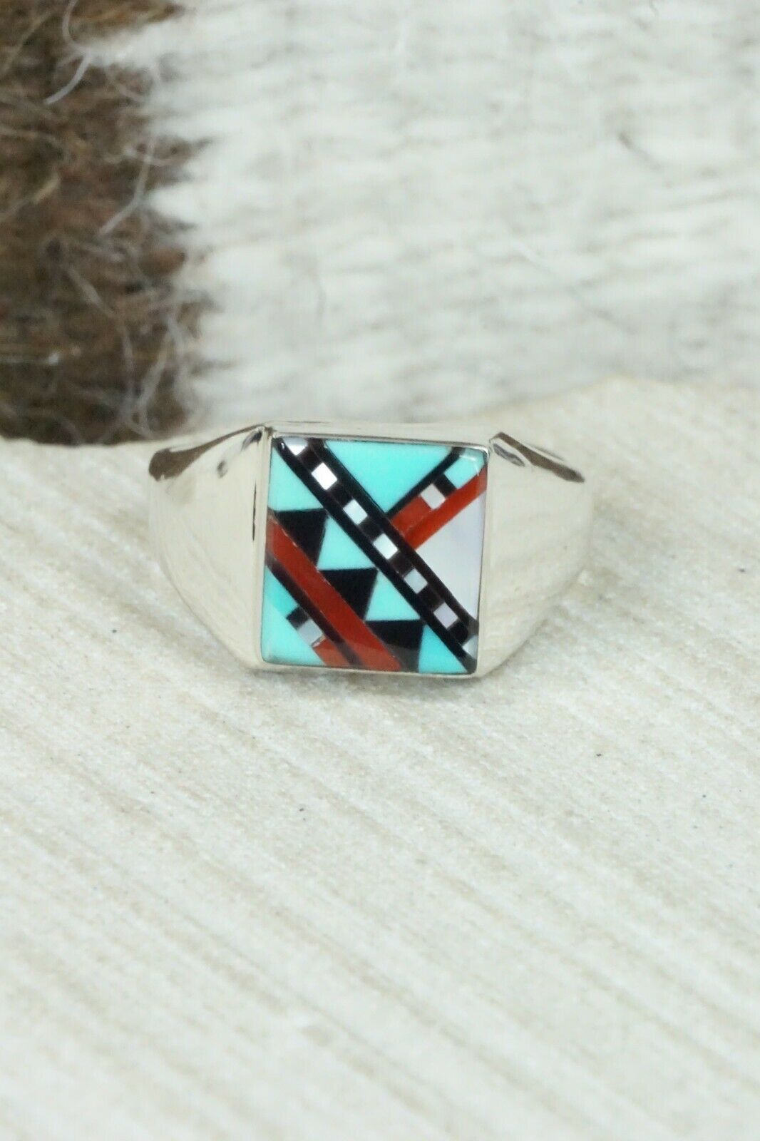 Multi Stone & Sterling Silver Ring - Herbert Kallestewa - Size 9.5