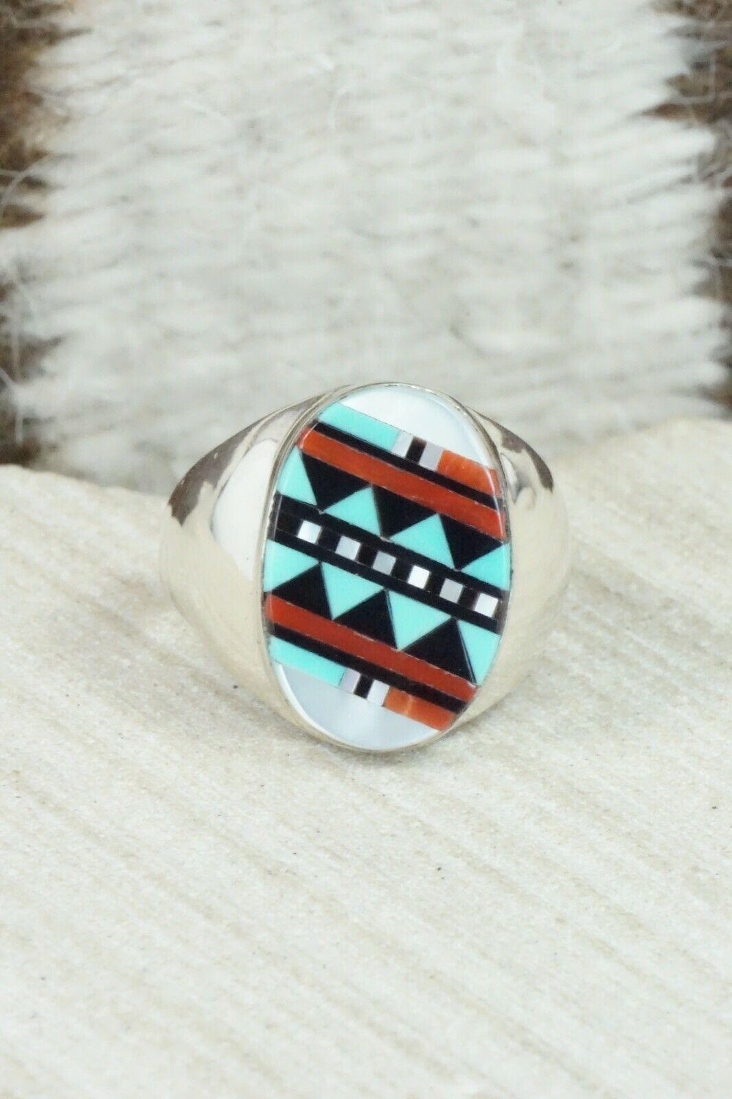 Multi Stone & Sterling Silver Ring - Herbert Kallestewa - Size 9
