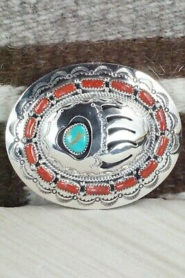 Turquoise, Coral & Sterling Silver Belt Buckle - Wilbert Muskett Sr.