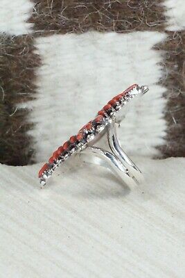 Turquoise, Coral & Sterling Silver Ring - Edmund Cooeyate - Size 6