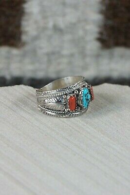 Navajo Turquoise & Coral Sterling Silver Ring - Harrison & Betty Begay - Size 9 - High Lonesome Trading