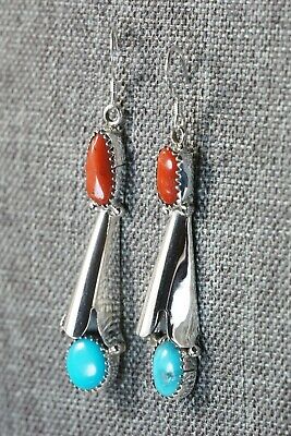 Navajo Turquoise, Coral & Sterling Silver Earrings - Roger Pino