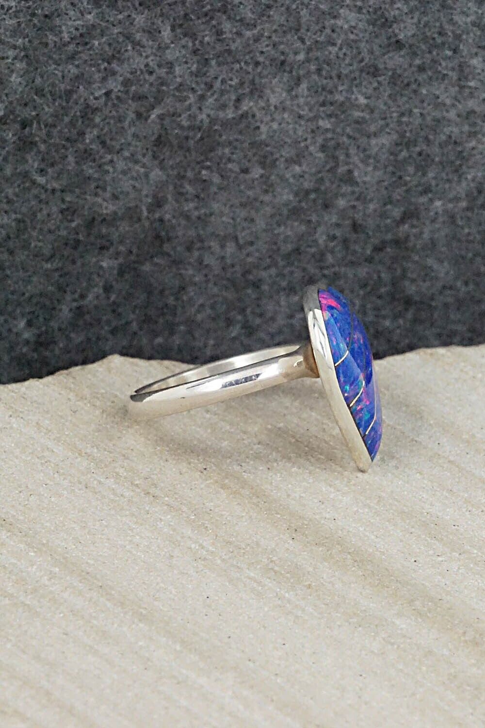 Opalite & Sterling Silver Inlay Ring - Evelyn Makee - Size 7.5