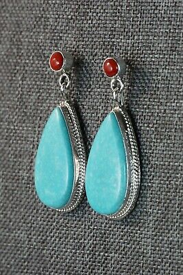 Turquoise, Coral & Sterling Silver Earrings - Judy Largo - Navajo