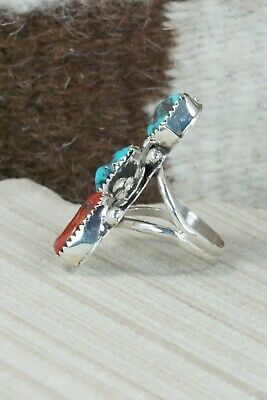 Turquoise, Coral & Sterling Silver Ring - Shirley Largo - Size 9