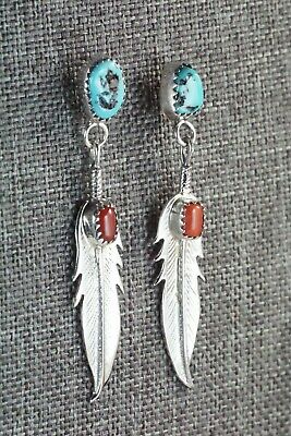 Navajo Turquoise, Coral & Sterling Silver Earrings - Annie Spencer