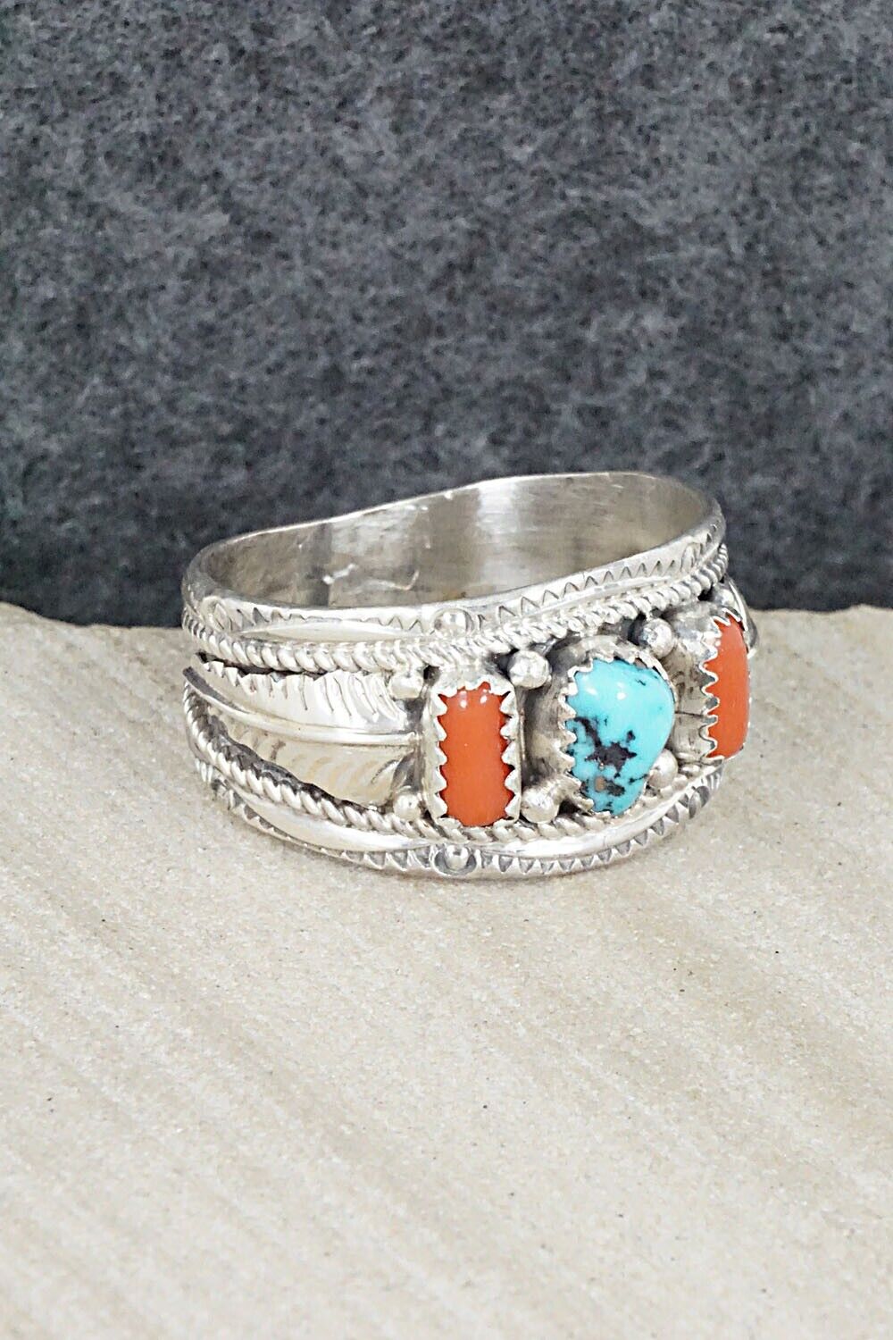 Turquoise, Coral and Sterling Silver Ring - Betty Begay - Size 13.5