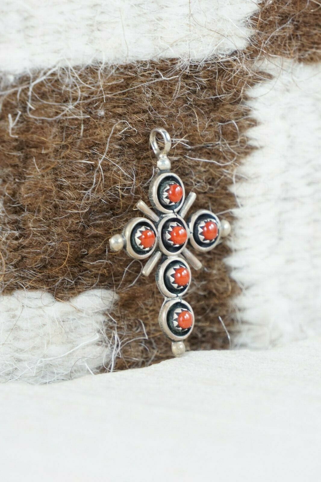 Zuni Coral & Sterling Silver Cross Pendant - Michael Boone - High Lonesome Trading