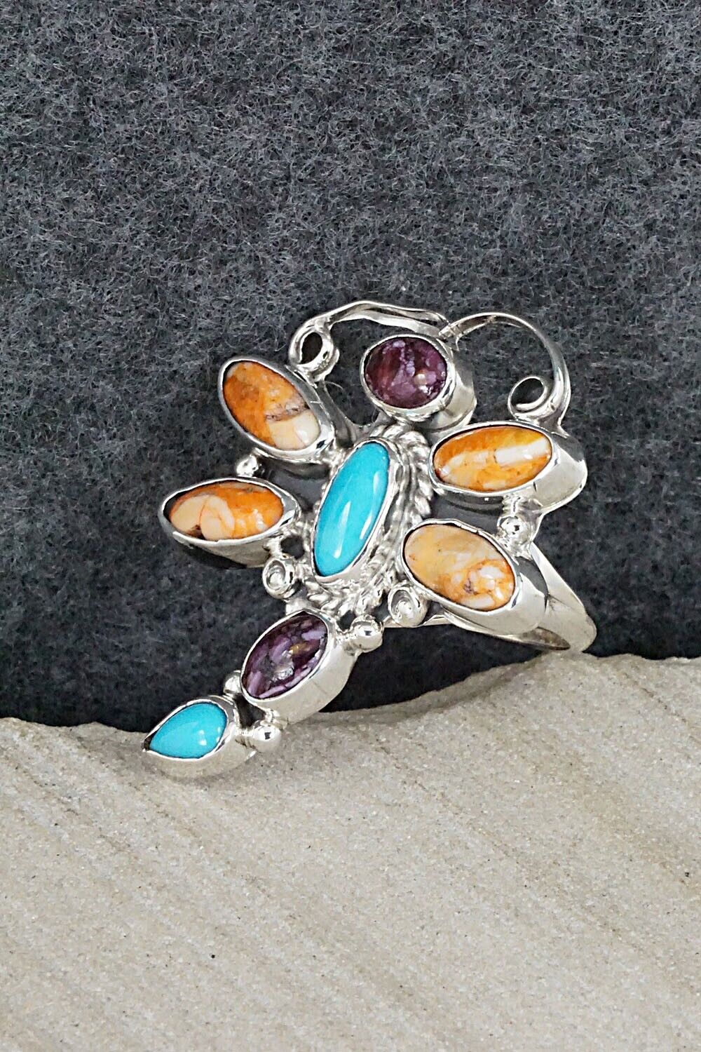Turquoise, Spiny Oyster & Sterling Silver Ring - Bobby Platero - Size 7.75