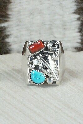 Turquoise, Coral and Sterling Silver Ring - Wilbur Myers - Size 9