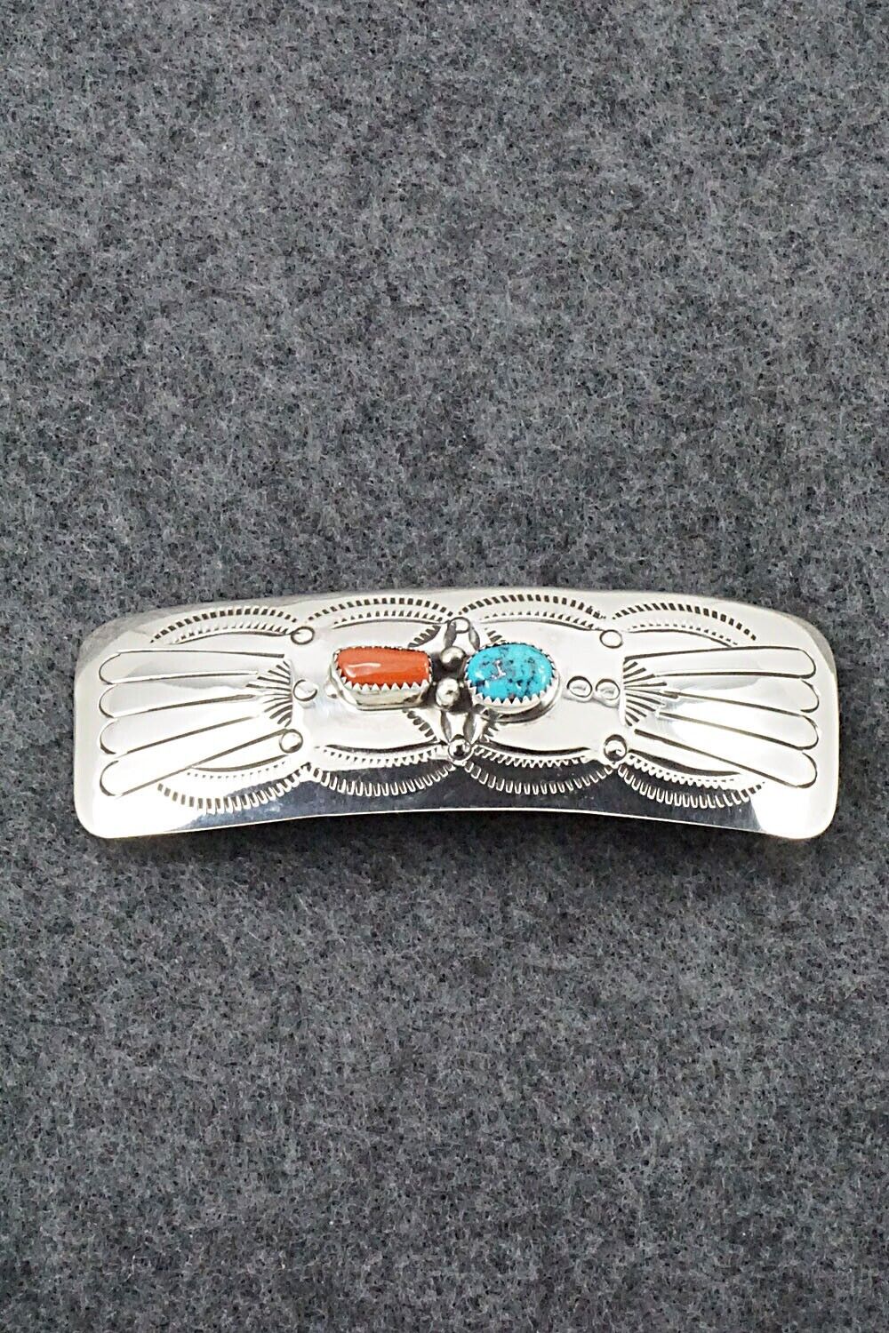 Turquoise, Coral & Sterling Silver Hair Barrette - Joann Silver